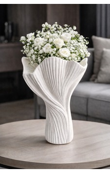 Petal Formlu Dekoratif Vazo Çiçek Yaprağı Tasarımlı Modern Vazo - 25cm Beyaz