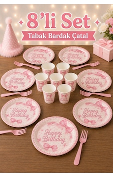 Fiyonk Desenli Pembe Happy Birthday 8 Li Tabak Bardak Çatal Doğum Günü Parti Seti