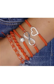 Turuncu Sonsuzluk - Kalp- Kristal Makrome Ip Bileklik Takımı Set Rose Gold