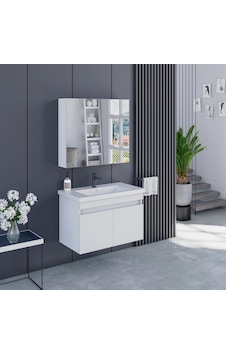 Banyo Dolabı 80 Cm İcon Ayna Dolaplı Alt Üst Modül Ve Seramik Lavabo Quarterbath Beyaz Banyo Dolabı 80 Cm İcon Ayna Dolaplı Alt Üst Modül Ve Seramik Lavabo Quarterbath Beyaz