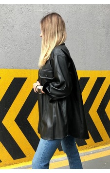 Elisa Oversize Deri Gömlek Siyah Kadın Günlük Kullanım Siyah Siyah