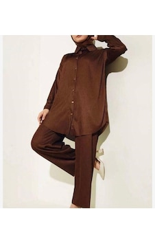 Lovie Moda Kadın Saten Görünümlü Fitilli İkili Takım Kahverengi Lovie Moda Kadın Saten Görünümlü Fitilli İkili Takım Kahverengi