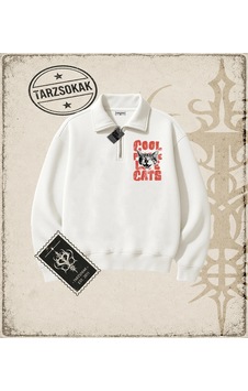 Tarzsokak Gotik & Grunge Streetwear Cool Cats Yarım Fermuarlı Sweatshirt Beyaz