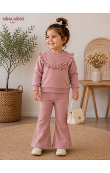 Mina Mino Baby Ön Roba Detaylı Taş Baskılı Kız İkili Takım 2-5 Yaş -ba463101256 - Gül Kurusu