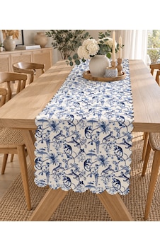 Pamuklu Dijital Baskı Runner Mutfak Salon Mavi Desenli 40x140