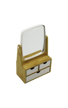Lunaev 3 Çekmeceli Bambu Ahşap Standlı 9x9.5x18x21.5 Cm Makyaj Aynası 15x18cm Takılık 2+1 Organizer 100