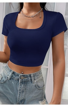 I-moda Kadın Lacivert Yarım Kol Düz Yaka Crop Top Bluz I-moda Kadın Lacivert Yarım Kol Düz Yaka Crop Top Bluz