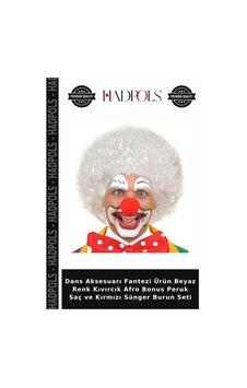 Dans Aksesuarı Fantezi Ürün Beyaz Renk Kıvırcık Afro Bonus Peruk Saç Ve Kırmızı Sünger Burun Seti