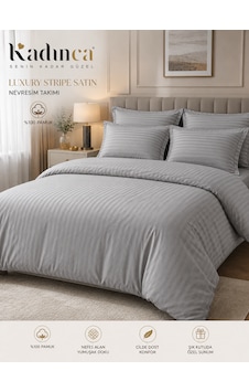 Luxury Stripe Pamuk Saten Nevresim Takımı 6parça Gri Luxury Stripe Pamuk Saten Nevresim Takımı 6parça Gri