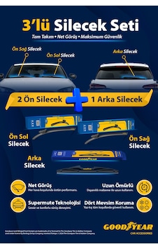 Goodyear Goodyear Hyundai Kona 2024-2026 Uyumlu Ön Arka 3'lü Muz Silecek Seti 650 Mm 450 Mm 350 Mm Goodyear Goodyear Hyundai Kona 2024-2026 Uyumlu Ön Arka 3'lü Muz Silecek Seti 650 Mm 450 Mm 350 Mm