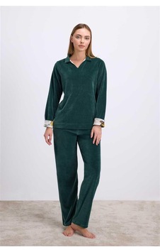 3dsepetim Uzun Kollu Kadife Sweatshirt Ve Pantolon Pijama Takımı Koyu Yesil