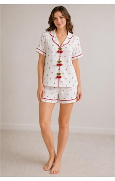 Pijamask Kadın Pamuklu Kısa Kollu Desenli Pijama Takımı Beyaz Pijamask Kadın Pamuklu Kısa Kollu Desenli Pijama Takımı Beyaz
