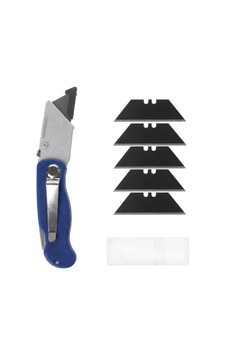 Çakı Tipi Katlanır Maket Bıçağı, Halı Falçatası, 5 Yedek Bıçak İle Mavi