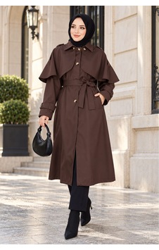 Dip Moda Kadın Kahverengi Pelerin Detaylı Kuşaklı Düğmeli Uzun Trençkot Dpft015 Dip Moda Kadın Kahverengi Pelerin Detaylı Kuşaklı Düğmeli Uzun Trençkot Dpft015