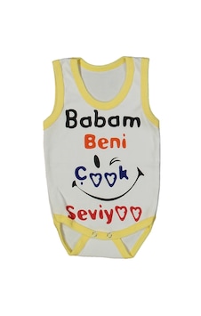 Bebegen Unısex Beyaz Sarı Biyeli Babam Beni Seviyor Yazılı Askılı Zıbın Bebegen Unısex Beyaz Sarı Biyeli Babam Beni Seviyor Yazılı Askılı Zıbın