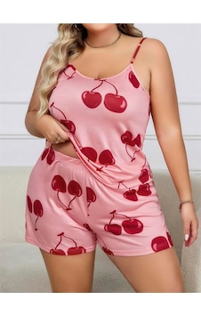 Red Womans Büyük Beden Pembe Kiraz Desen İnce Askılı Pamuklu Şortlu Pijama T Red Womans Büyük Beden Pembe Kiraz Desen İnce Askılı Pamuklu Şortlu Pijama T