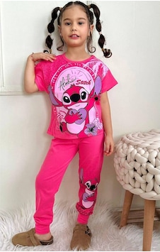 Kız Çocuk Stitchh Desenli Kısa Kollu Tshırt Eşofman 2'li Takım-995 Koyu Pembe