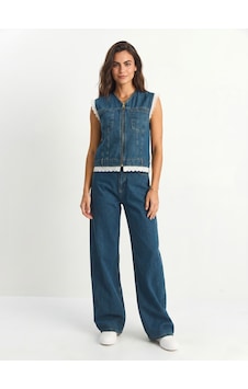 Onloox Kadın Lacivert Lacivert Denim Kumaş Yüksek Bel Wide Leg Pantolon Dantel Detaylı Fermuarlı Yelek İkili Takım