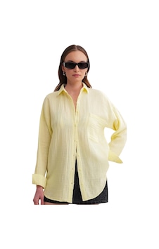 Kadın Oversize Basic Cepli Müslin Gömlek Sarı Kadın Oversize Basic Cepli Müslin Gömlek Sarı