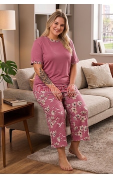 Lady Pembe Renk Ve Çiçek Desenli 10742 Pamuklu Büyük Beden Kapri Anne Pijama Takımı Beyaz - Pembe Lady Pembe Renk Ve Çiçek Desenli 10742 Pamuklu Büyük Beden Kapri Anne Pijama Takımı Beyaz - Pembe