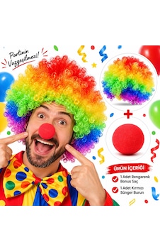 Rengarenk - 398 - Gökkuşağı Afro Bonus Peruk Ve Kırmızı Renk Sünger Burun - Glblseme - 120 Gr Rengarenk - 398 - Gökkuşağı Afro Bonus Peruk Ve Kırmızı Renk Sünger Burun - Glblseme - 120 Gr