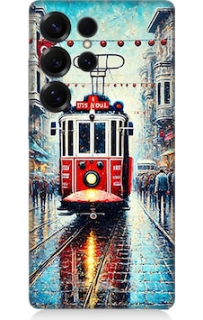 Samsung Galaxy S25 Ultra Uyumlu Yağmurlu Sokakta Kırmızı Tramvay Desenli Silikon Kılıf Çok Renkli