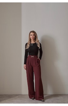 Rabia Çelik Kadın Bordo Gold Toka Kemerli Beli Lastikli Palazzo Pantolon Bordo Bordo Rabia Çelik Kadın Bordo Gold Toka Kemerli Beli Lastikli Palazzo Pantolon Bordo Bordo