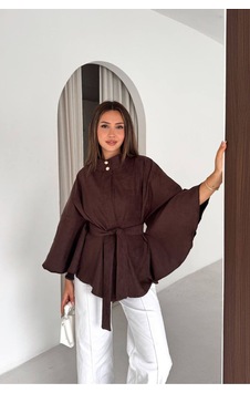 Dip Moda Kadın Kahverengi Süet Dokulu Dik Yaka Gold Düğmeli Kuşaklı Yarasa Kol Panço Ceket Dpk5039 Dip Moda Kadın Kahverengi Süet Dokulu Dik Yaka Gold Düğmeli Kuşaklı Yarasa Kol Panço Ceket Dpk5039