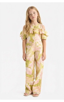DeFacto Kız Çocuk Desenli Wide Leg Geniş Paça Pamuklu Pantolon D7610A825SMGN115 Yeşil