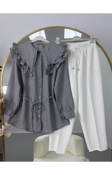 Lovie Moda Fırfır Yaka Bağcıklı Tunik Pantolonlu Takım Gri Lovie Moda Fırfır Yaka Bağcıklı Tunik Pantolonlu Takım Gri