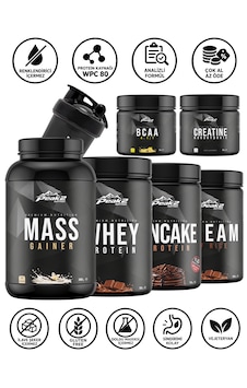 Full Paket 2: Whey Protein 500 Gr Çikolata + Bcaa 300 Gr Limon + Mass Gainer 3kg Vanilya + Kreatin Monohidrat 300g Aromasız + Cream Of Rice 1 Kg Çikolata + Protein Pancake 750 Gr Çikolata + Shaker