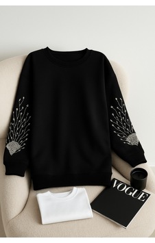 Femelle Siyah Kolları Boncuk Ve Taş İşlemeli %100 Pamuk Sweatshirt - Svt15 Femelle Siyah Kolları Boncuk Ve Taş İşlemeli %100 Pamuk Sweatshirt - Svt15