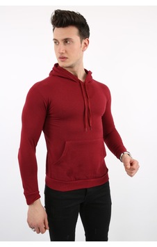 Modish İki İplik Kapşonlu Kanguru Cepli Erkek Günlük Sweatshirt Bordo