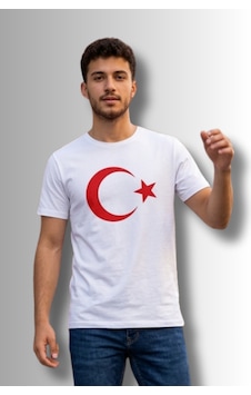 Baranışık Özel Tasarım Türk Bayrağı Baskılı Tshirt - %100 Pamuk Penye Süprem Sıfır Yaka Unisex Beyaz