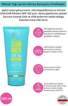 Apis Natural Hello Summer Monoi Yağı İçeren Güneş Koruyucu Emülsiyon SPF50 200 ML Apis Natural Hello Summer Monoi Yağı İçeren Güneş Koruyucu Emülsiyon SPF50 200 ML