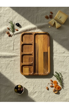 Premium Bambu Sunum Seti - Oluklu Tepsi Ve 4 Bölmeli Çerezlik 30 Cm