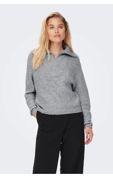 Only Oversize Yarım Fermuarlı Uzun Kol Kadın Sweatshirt - Minimalist Stil Gri-melanj Only Oversize Yarım Fermuarlı Uzun Kol Kadın Sweatshirt - Minimalist Stil Gri-melanj
