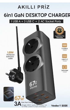 6in1 67w Gan Akıllı Priz 3a Hızlı Şarjlı Masaüstü Çoklu Şarj İstasyonu 3 Type-c + 1 Usb + 2 Acpriz
