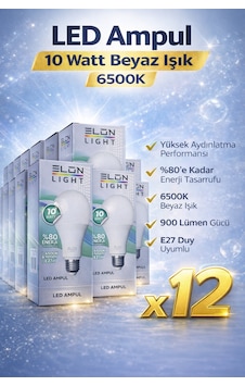 Led Ampul 10 Watt Beyaz Işık 6500k Yüksek Aydınlatma E27 Duy Enerji Tasarruflu 12 Adet