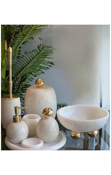 Dekoratif Doğal Beyaz Oval Mermer 8 Parça Gold Disko Banyo Seti Dekoratif Doğal Beyaz Oval Mermer 8 Parça Gold Disko Banyo Seti