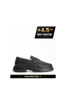 Fame Step Hakiki Deri Erkek Casual Ayakkabı +4.5 Cm Boy Uzatan Kalın Taban Günlük Bağcıksız Comfort Siyah Loafer Venedik