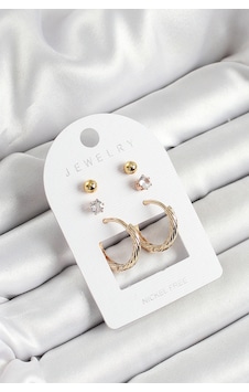 Pirinç Zirkon Taş Ve Halka Figürlü Gold Renk 3'lü Çift Kadın Küpe Set - Lisinya çok renkli Pirinç Zirkon Taş Ve Halka Figürlü Gold Renk 3'lü Çift Kadın Küpe Set - Lisinya çok renkli