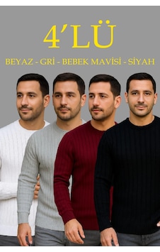 Barlashive Erkek Fitilli Triko Bisiklet Yaka Kalın Kazak 4'lü Set Beyaz-bordo-gri-siyah Çok Renkli