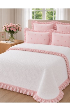 %100 Pamuk Tek Kişilik Fırfırlı Pike Seti----uh-pike-11 Beyaz - Pembe