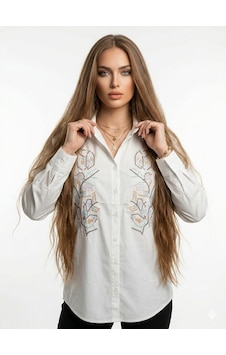Ribana Classic Kadın Önü Nakışlı Yazlık Dokuma Kumaş Boyfriend Gömlek 4713 Ekru