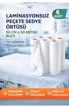 Laminasyonsuz Peçete Sedye Örtüsü 50 Cm X 50 Metre Rulo Tek Kullanımlık Muayene Masası Örtüsü 6 Adet Beyaz Laminasyonsuz Peçete Sedye Örtüsü 50 Cm X 50 Metre Rulo Tek Kullanımlık Muayene Masası Örtüsü 6 Adet Beyaz
