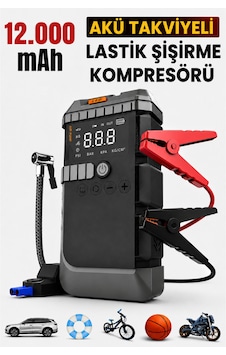 Akü Takviye Cihazı 4'ü 1 Arada Powerbank, Hava Kompresörü, Lcd Ekran, 12.000mah 150psı