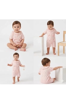 Pekminibebe 3/12 Ay Yakalı Fiyonklu Jakar Kumaş Bebek Tulumu Somon