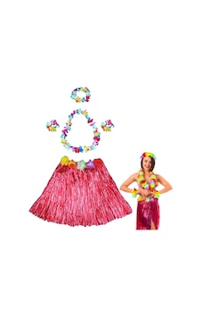 Hawaii Dans Kostümü Kırmızı Hula Etek & Çiçek Kolye Seti Hawaii Dans Kostümü Kırmızı Hula Etek & Çiçek Kolye Seti