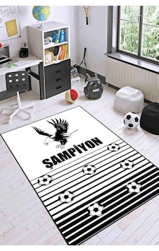 Siyah Ve Beyaz Kaymaz Tabanlı Beşiktaş Taraftar Halısı Ck061n11 Siyah - Beyaz